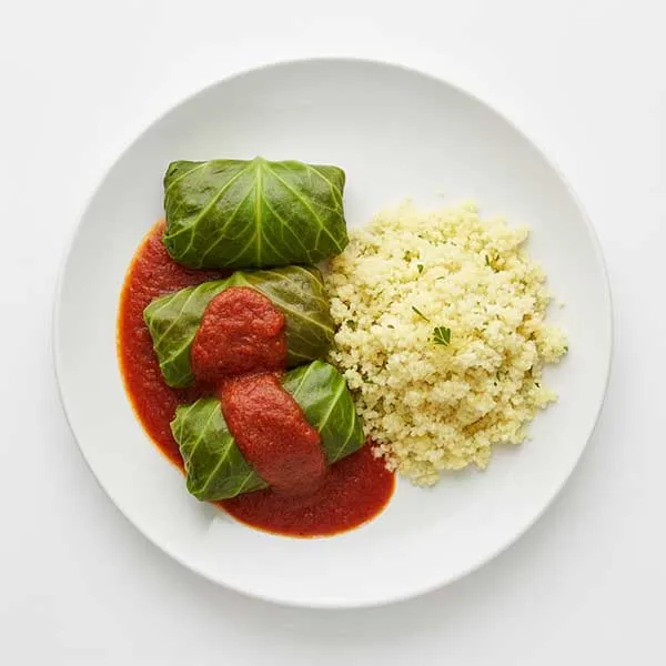 Savory Beef Stuffed Cabbage Parcel With Sundried Tomato Sauce & Lemon Couscous